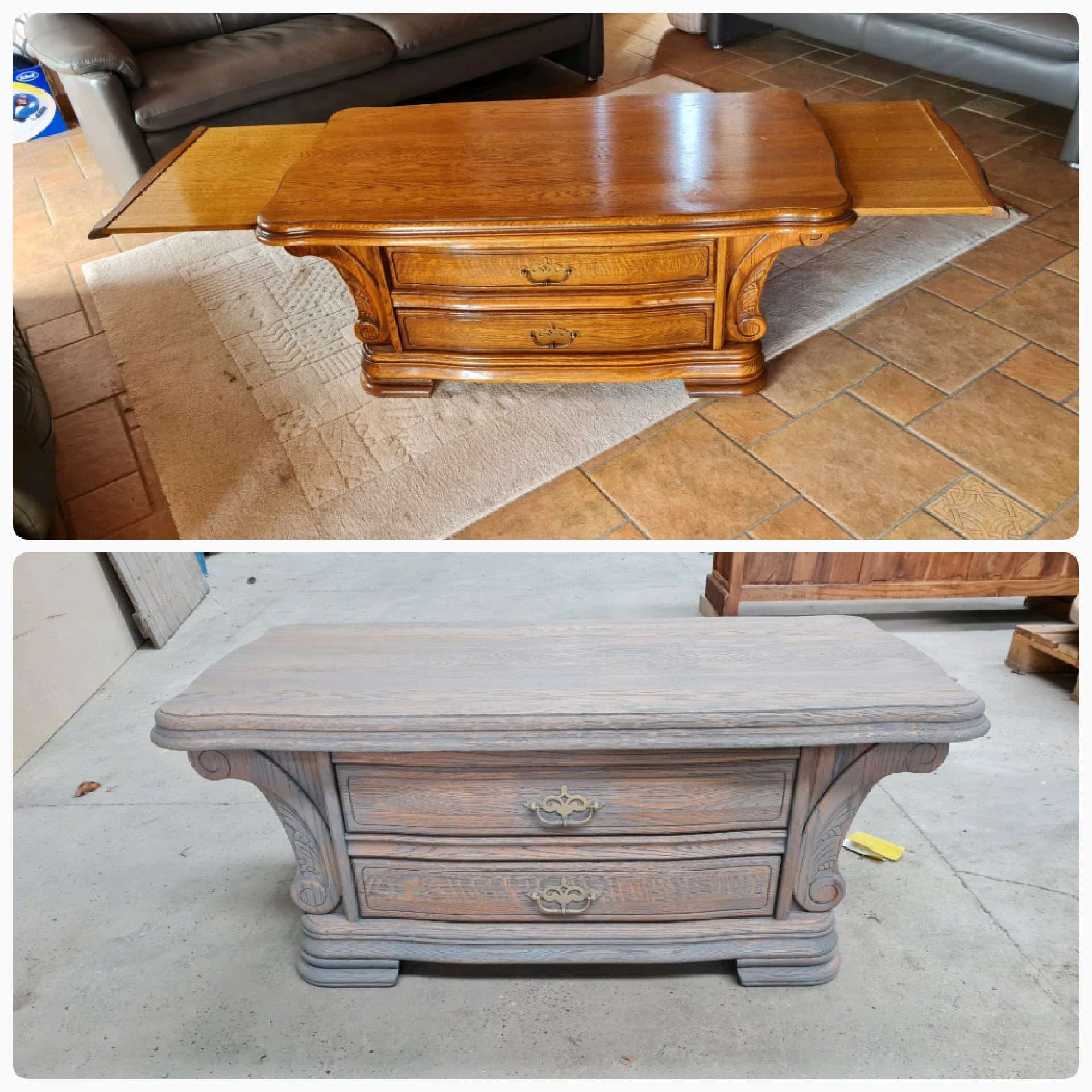 Voor en na foto van oude houten tafel